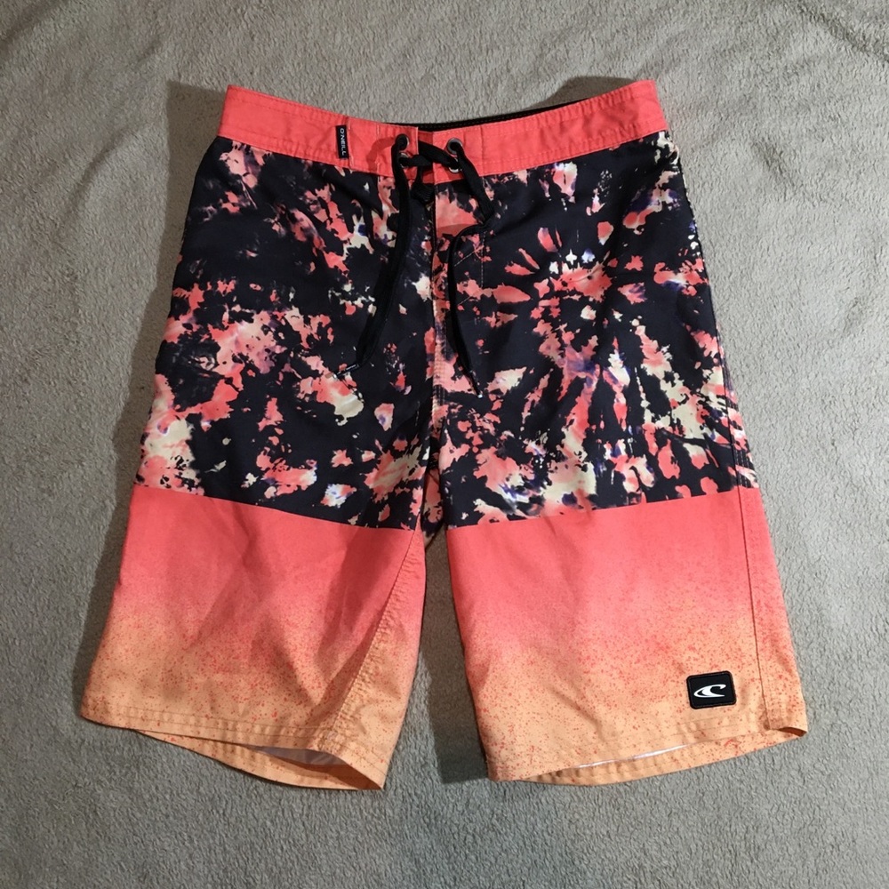 O’Neill Board Adult Mens Shorts Size 26 Orange Tie Dye Swim Beach Summer